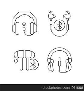 In ear and on ear headphones linear icons set. Wired headset for professional music mastering. Customizable thin line contour symbols. Isolated vector outline illustrations. Editable stroke. In ear and on ear headphones linear icons set