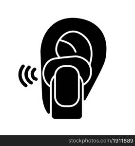 In ear wireless earpieces black glyph icon. Small portable device for active lifestyle. Wireless connection to phone. Listening music. Silhouette symbol on white space. Vector isolated illustration. In ear wireless earpieces black glyph icon