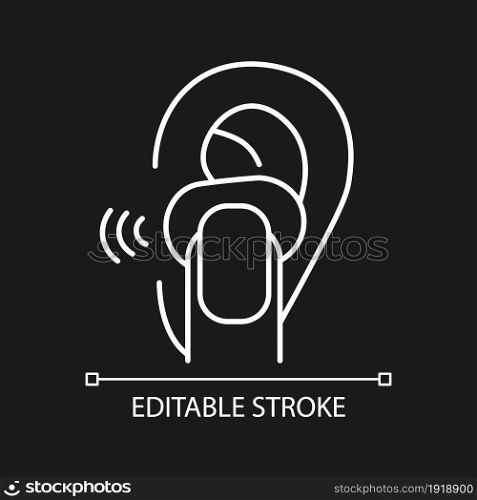 In ear wireless earpieces white linear icon for dark theme. Small portable device for sport. Thin line customizable illustration. Isolated vector contour symbol for night mode. Editable stroke. In ear wireless earpieces white linear icon for dark theme