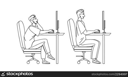 In Ergonomic Posture Sit Man At Computer Black Line Pencil Drawing Vector. Worker Guy Sitting In Ergonomic Posture At Screen Workplace. Character In Correct Pose Working At Workspace Illustration. In Ergonomic Posture Sit Man At Computer Vector
