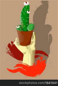 in hand a pot of cactus, what to present to a friend or boss? Sicculents. Realistic style, poster, banner. in hand a pot of cactus, what to present to a friend or boss. Sicculents. Realistic style, poster, banner