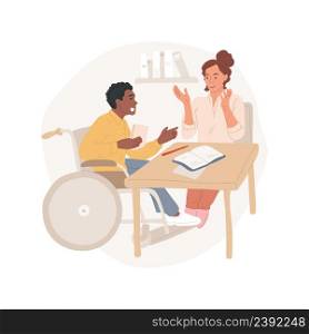 In-home tutoring isolated cartoon vector illustration Students with special needs tutor, home tutoring for disabled, child in a wheelchair learning with teacher at the desk vector cartoon.. In-home tutoring isolated cartoon vector illustration