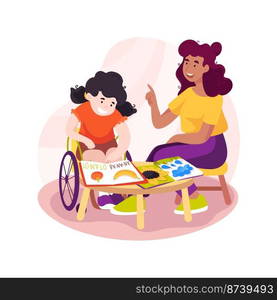 In-home tutoring isolated cartoon vector illustration. Students with special needs tutor, home tutoring for disabled, child in a wheelchair learning with teacher at the desk vector cartoon.. In-home tutoring isolated cartoon vector illustration.