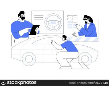 In-lab car model validation abstract concept vector illustration. Group of engineers testing car in laboratory, automotive industry, car manufacturing, vehicle automation abstract metaphor.. In-lab car model validation abstract concept vector illustration.