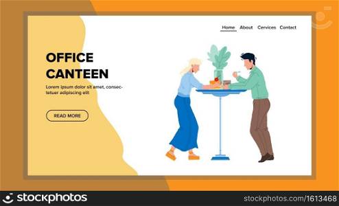 In Office Canteen Eat Colleagues Together Vector. Company Employees Eating Delicious Food Dinner At Office Canteen Table. Characters Having Meal And Discussion Web Flat Cartoon Illustration. In Office Canteen Eat Colleagues Together Vector