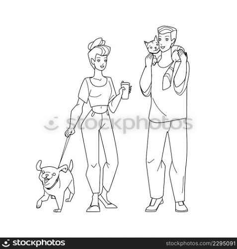 In Park Pet Walking Man And Woman Together Black Line Pencil Drawing Vector. In Park Pet Walking People With Dog And Cat Togetherness. Characters Boy And Girl Walk With Domestic Animal Outdoor. In Park Pet Walking Man And Woman Together Vector
