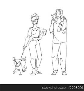 In Park Pet Walking Man And Woman Together Black Line Pencil Drawing Vector. In Park Pet Walking People With Dog And Cat Togetherness. Characters Boy And Girl Walk With Domestic Animal Outdoor. In Park Pet Walking Man And Woman Together Vector