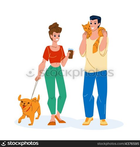 In Park Pet Walking Man And Woman Together Vector. In Park Pet Walking People With Dog And Cat Togetherness. Characters Boy And Girl Walk With Domestic Animal Outdoor Flat Cartoon Illustration. In Park Pet Walking Man And Woman Together Vector