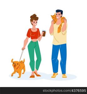 In Park Pet Walking Man And Woman Together Vector. In Park Pet Walking People With Dog And Cat Togetherness. Characters Boy And Girl Walk With Domestic Animal Outdoor Flat Cartoon Illustration. In Park Pet Walking Man And Woman Together Vector