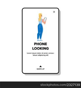 In Phone Looking Information Young Woman Vector. Girl User In Phone Looking Info In Cyberspace Or Direction On Digital Map. Character Lady Use Electronic Gadget Web Flat Cartoon Illustration. In Phone Looking Information Young Woman Vector
