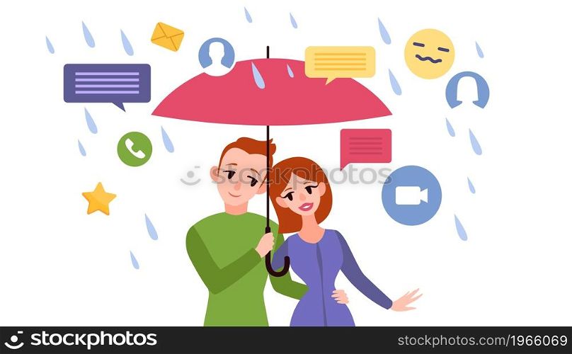 In private. Hide from social networks. Protection of negative internet news and calls. Happy couple with umbrella protects from rain and flow of spam or messages. Online media noise. Vector concept. In private. Hide from social networks. Protection of negative news and calls. Happy couple with umbrella protects from rain and flow of spam or messages. Media noise. Vector concept