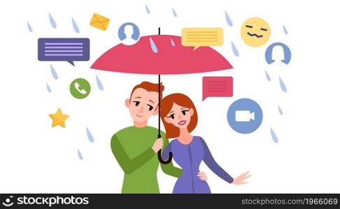In private. Hide from social networks. Protection of negative internet news and calls. Happy couple with umbrella protects from rain and flow of spam or messages. Online media noise. Vector concept. In private. Hide from social networks. Protection of negative news and calls. Happy couple with umbrella protects from rain and flow of spam or messages. Media noise. Vector concept