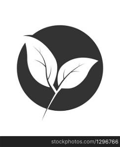 In the circle, two leaves of the plant are cut out, a symbol of ecology. Logo, logo, or sticker for websites and apps. A logo is an emblem or sticker for websites, applications, postcards, or business cards