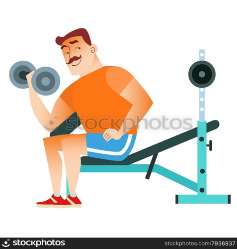 In the gym mustached man plays sports. Holding a dumbbell. Weightlifting, fitness, health