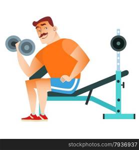 In the gym mustached man plays sports. Holding a dumbbell. Weightlifting, fitness, health