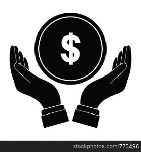 In the palm of your hand falls a coin with a dollar symbol Flat design