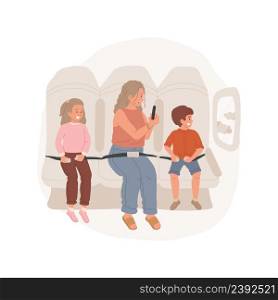 In the plane isolated cartoon vector illustration Kids with belts fasten, taking photo from airplane window, family sitting in the aircraft, going on vacation, watching the sky vector cartoon.. In the plane isolated cartoon vector illustration