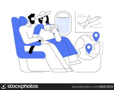 In the plane isolated cartoon vector illustrations. Happy couple taking selfie in the plane before departure, getting ready for vacation, people lifestyle, travelling time vector cartoon.. In the plane isolated cartoon vector illustrations.