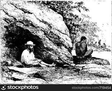 In the Shade of a Large Rock in Oiapoque, Brazil, drawing by Riou from a sketch by Dr. Crevaux, vintage engraved illustration. Le Tour du Monde, Travel Journal, 1880