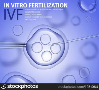 In Vitro Fertilization of Human Female Cell on Blue background. Laboratory Microscopic Research Macro Close Up View. Reproductive IVF Process Vector Realistic Illustration. Medical Banner, Copy Space.. In Vitro Fertilization of Human Female Cell Macro