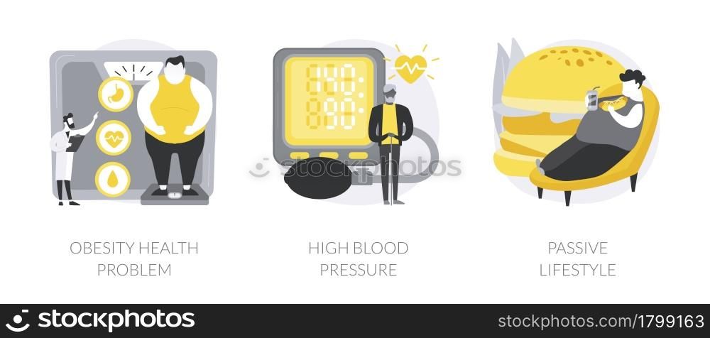 Inactive lifestyle problems abstract concept vector illustration set. Obesity health problem, high blood pressure, passive lifestyle, eating junk food, body fat, bad shape, apathy abstract metaphor.. Inactive lifestyle problems abstract concept vector illustrations.