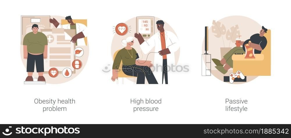 Inactive lifestyle problems abstract concept vector illustration set. Obesity health problem, high blood pressure, passive lifestyle, eating junk food, body fat, bad shape, apathy abstract metaphor.. Inactive lifestyle problems abstract concept vector illustrations.