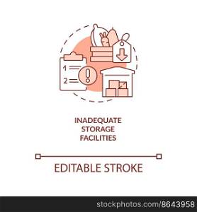 Inadequate storage conditions red concept icon. Food security. Agriculture problems abstract idea thin line illustration. Isolated outline drawing. Editable stroke. Arial, Myriad Pro-Bold fonts used . Inadequate storage conditions red concept icon