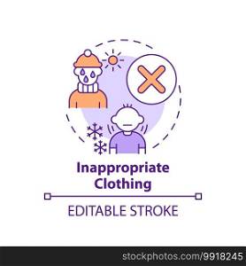 Inappropriate clothing concept icon. Sign of parental neglect. Damage to kids health, wellbeing. Child safety idea thin line illustration. Vector isolated outline RGB color drawing. Editable stroke. Inappropriate clothing concept icon