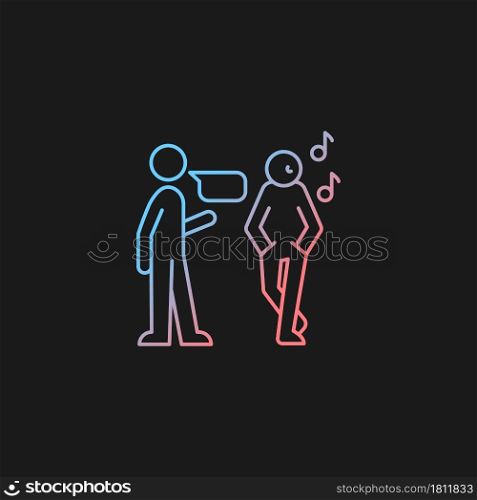 Inattentive listening gradient vector icon for dark theme. Lacking eye contact. Distracted listener. Making judgments. Thin line color symbol. Modern style pictogram. Vector isolated outline drawing. Inattentive listening gradient vector icon for dark theme