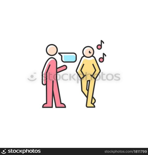 Inattentive listening RGB color icon. Lacking eye contact. Distracted listener. Problem with focus and concentration. Making quick judgments. Isolated vector illustration. Simple filled line drawing. Inattentive listening RGB color icon