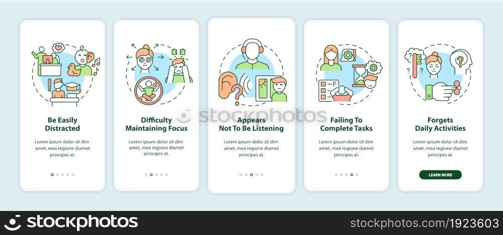 Inattentive symptoms onboarding mobile app page screen. Difficulty maintaining focus walkthrough 5 steps graphic instructions with concepts. UI, UX, GUI vector template with linear color illustrations. Inattentive symptoms onboarding mobile app page screen