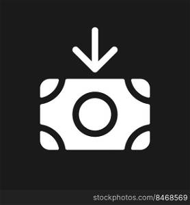 Inbound cash dark mode glyph ui icon. Receive money. Money transaction. User interface design. White silhouette symbol on black space. Solid pictogram for web, mobile. Vector isolated illustration. Inbound cash dark mode glyph ui icon