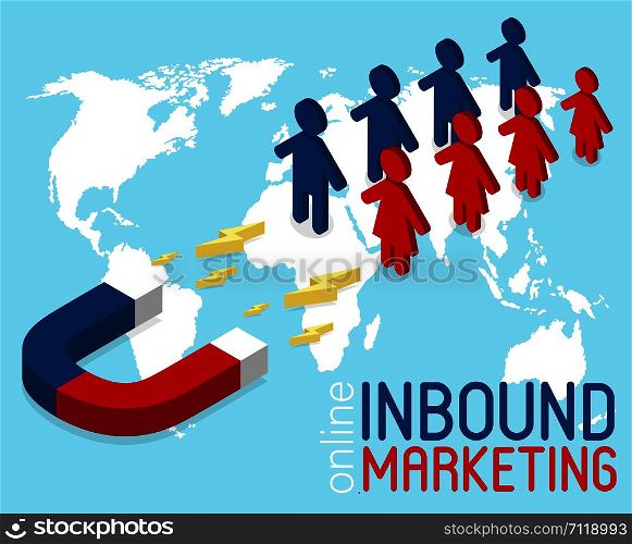 Inbound marketing banner in isometric style. Online social media marketing concept. Advertising campaign in social network. Isometric infographics. Customer retention strategy vector illustration.. Inbound marketing banner in isometric style