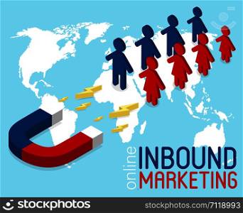 Inbound marketing banner in isometric style. Online social media marketing concept. Advertising campaign in social network. Isometric infographics. Customer retention strategy vector illustration.. Inbound marketing banner in isometric style