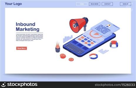 Inbound marketing landing page template. Media advertising website interface with flat illustrations. SMM, mobile marketing content homepage layout. Customer attraction web banner, webpage concept