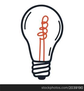 Incandescent lamp isolated vector illustration. Doodle style glowing spiral lightbulb. Incandescent lamp isolated vector illustration