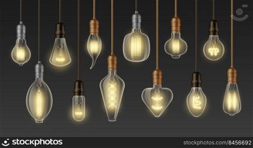 Incandescent lamps. Vintage glowing 3D realistic light bulb, retro loft ceiling filament chandelier, modern interior decoration. Vector isolated set of realistic light bulb illustration. Incandescent lamps. Vintage glowing 3D realistic light bulb, retro loft ceiling filament chandelier, modern interior decoration. Vector isolated set
