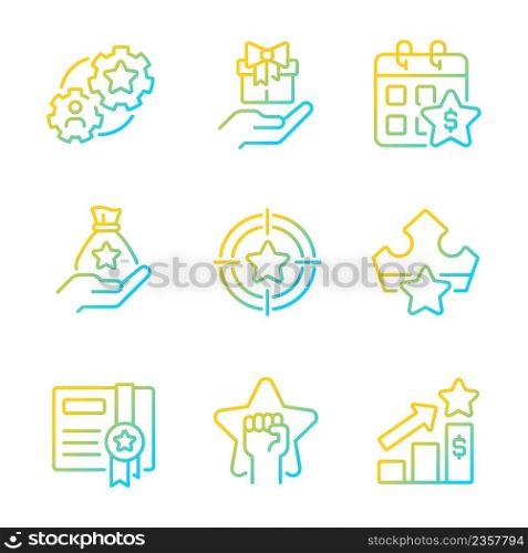 Incentive compensation gradient linear vector icons set. Raising employees motivation. Customer appreciation gifts. Thin line contour symbol designs bundle. Isolated outline illustrations collection. Incentive compensation gradient linear vector icons set