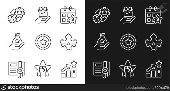 Incentive compensation pixel perfect linear icons set for dark, light mode. Raising motivation. Customer appreciation. Thin line symbols for night, day theme. Isolated illustrations. Editable stroke. Incentive compensation pixel perfect linear icons set for dark, light mode