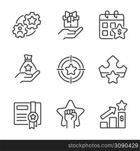 Incentive compensation pixel perfect linear icons set. Raising employees motivation. Customer appreciation. Customizable thin line symbols. Isolated vector outline illustrations. Editable stroke. Incentive compensation pixel perfect linear icons set