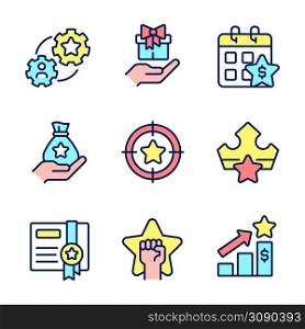 Incentive compensation pixel perfect RGB color icons set. Raising employees motivation. Customer appreciation. Isolated vector illustrations. Simple filled line drawings collection. Editable stroke. Incentive compensation pixel perfect RGB color icons set
