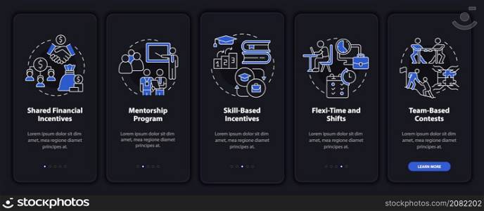 Incentivising teamwork night mode onboarding mobile app screen. Tips walkthrough 5 steps graphic instructions pages with linear concepts. UI, UX, GUI template. Myriad Pro-Bold, Regular fonts used. Incentivising teamwork night mode onboarding mobile app screen