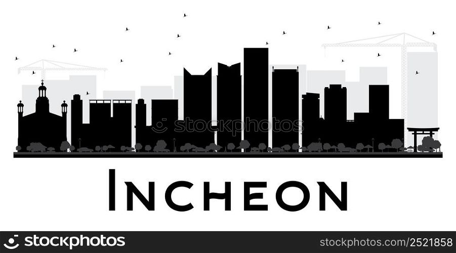 Incheon City skyline black and white silhouette. Vector illustration. Simple flat concept for tourism presentation, banner, placard or web site. Business travel concept. Cityscape with landmarks