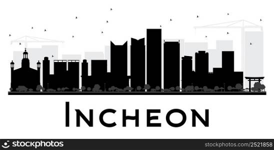 Incheon City skyline black and white silhouette. Vector illustration. Simple flat concept for tourism presentation, banner, placard or web site. Business travel concept. Cityscape with landmarks
