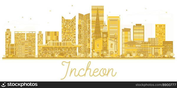 Incheon City skyline golden silhouette. Vector illustration. Business travel concept. Cityscape with landmarks.