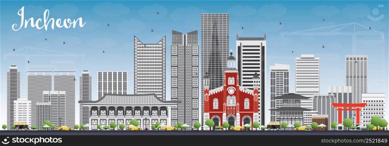 Incheon Skyline with Gray Buildings and Blue Sky. Vector Illustration. Business Travel and Tourism Concept with Modern Buildings. Image for Presentation Banner Placard and Web Site.