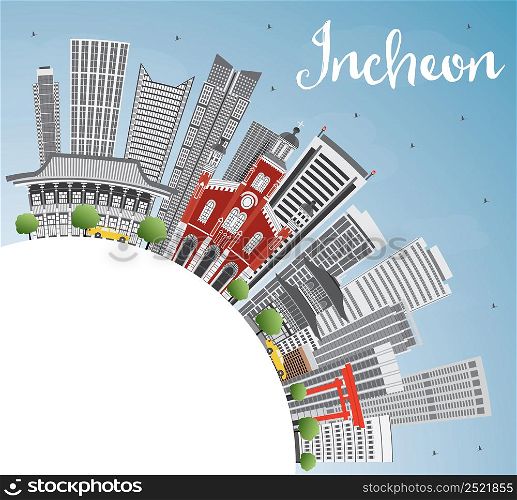 Incheon Skyline with Gray Buildings, Blue Sky and Copy Space. Vector Illustration. Business Travel and Tourism Concept with Modern Buildings. Image for Presentation Banner Placard and Web Site.