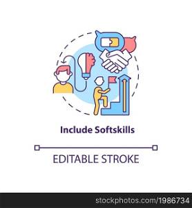 Include softskills concept icon. Writing cv abstract idea thin line illustration. Highlight communication skills in resume. Teamwork ability. Vector isolated outline color drawing. Editable stroke. Include softskills concept icon