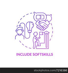 Include softskills purple gradient concept icon. Writing cv abstract idea thin line illustration. Highlight communication skills. Teamwork ability. Vector isolated outline color drawing. Include softskills purple gradient concept icon
