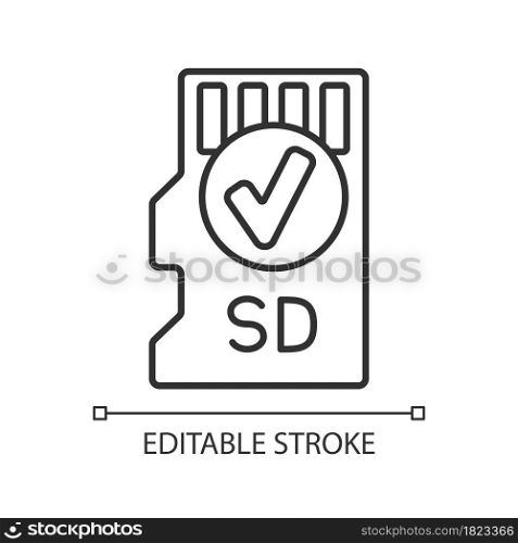Includes memory card linear manual label icon. MicroSD for drone. Thin line customizable illustration. Contour symbol. Vector isolated outline drawing for product use instructions. Editable stroke. Includes memory card linear manual label icon